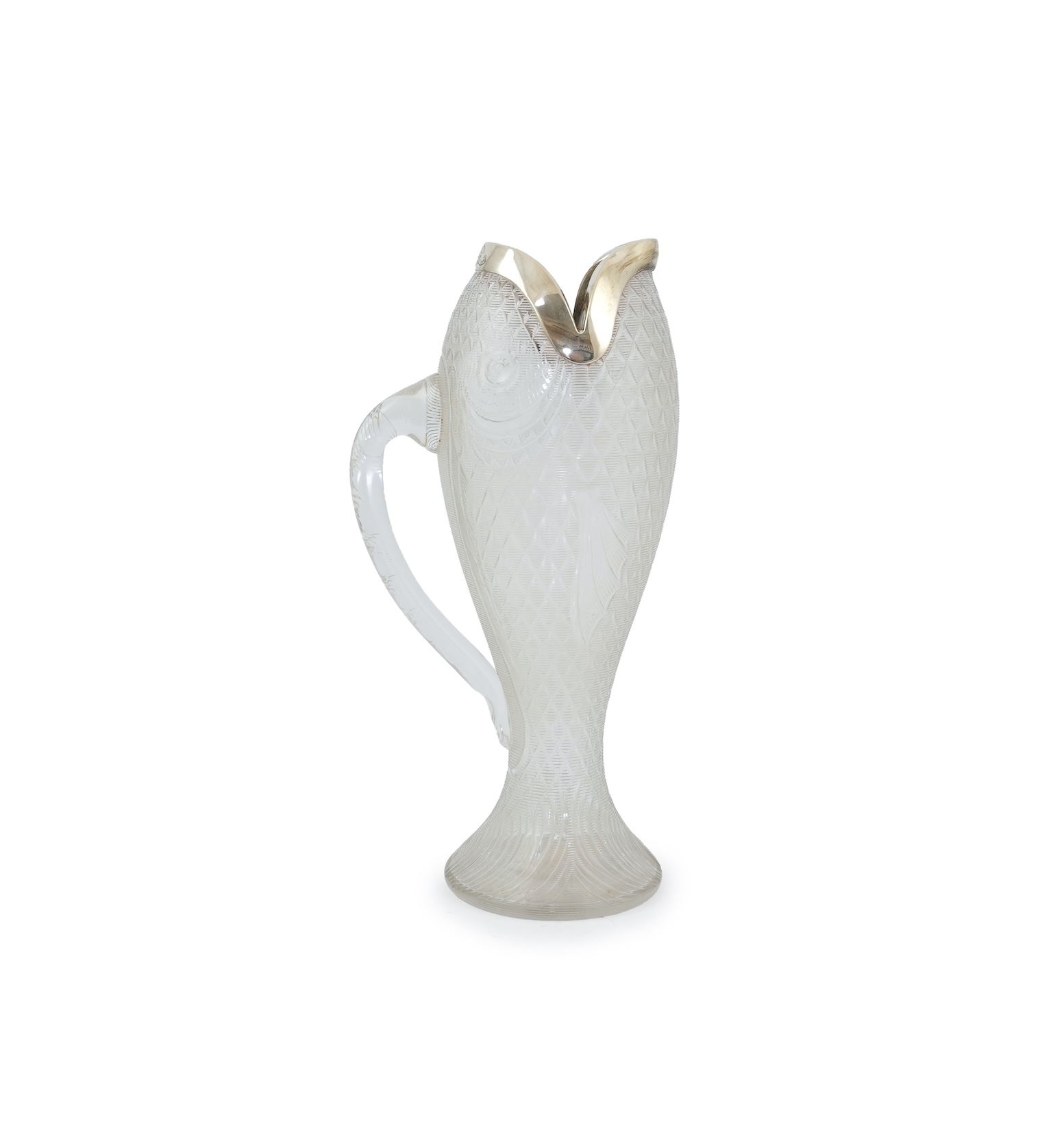 An unusual late Victorian novelty silver mounted single handled cut glass jug, modelled as a fish, by Hukin & Heath